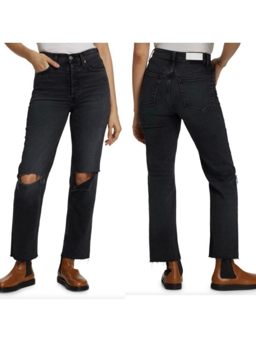 Re/Done Originals 70s Stove Pipe Straight Jeans Faded Coal With Rips Distressed